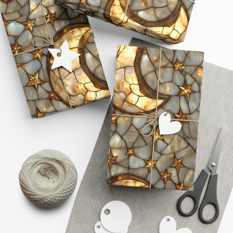 Celestial Moon & Stars Wrapping Paper | Stained Glass Motif Gift Wrap image 6