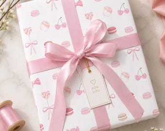 Pink Coquette Gift Wrap, Cherry Macaron Sweet Treat Wrapping Paper, Girly Birthday Present Decoration