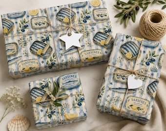 Portuguese Sardine Gift Wrap, Coastal Mediterranean Wrapping Paper, Lemon & Olive Gift Wrap, Blue White Nautical Gift Wrap, Foodie Gift Wrap