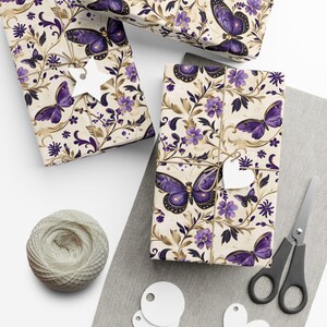 Purple Butterfly Gift Wrapping Paper Romantic Floral Gift Wrap, Vintage Butterfly Wrapping Paper, Feminine Cottagecore Packaging image 8