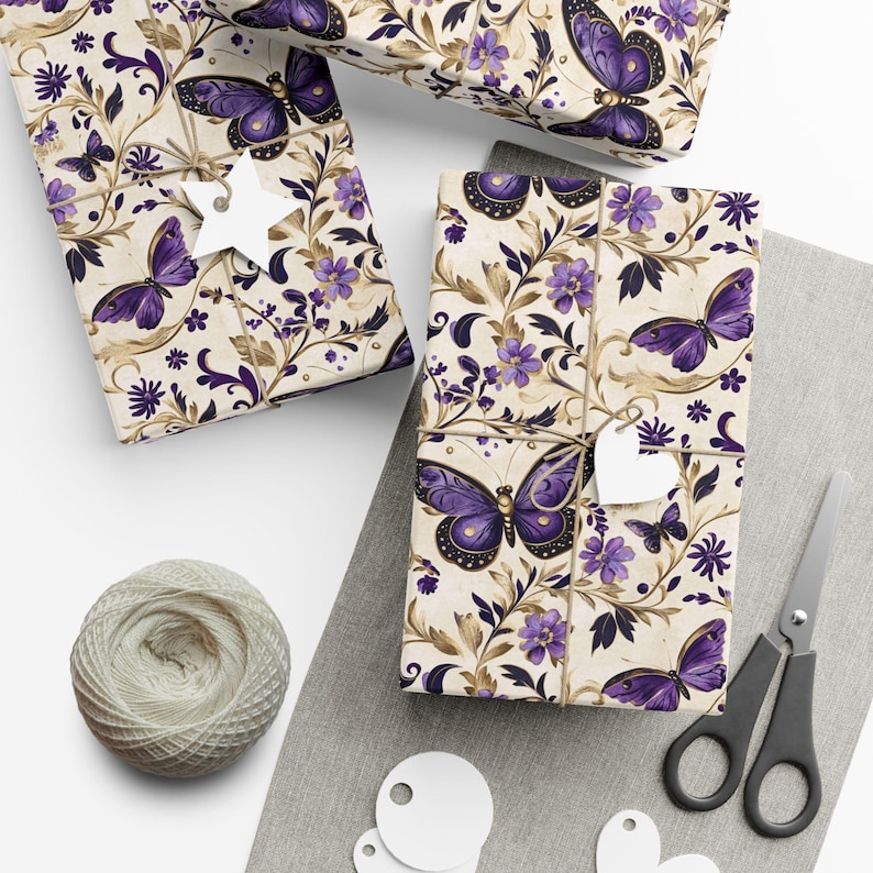 Purple Butterfly Gift Wrapping Paper Romantic Floral Gift Wrap, Vintage Butterfly Wrapping Paper, Feminine Cottagecore Packaging image 8