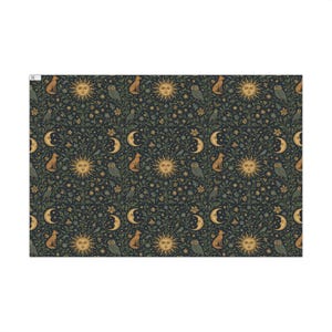 Papel de regalo original con estampado botánico celestial, búhos, zorros, luna y sol en estilo vintage. imagen 3
