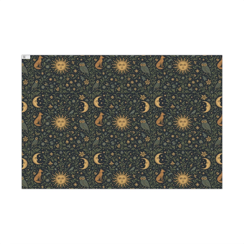 Papel de regalo original con estampado botánico celestial, búhos, zorros, luna y sol en estilo vintage. imagen 3