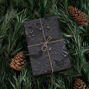 Black Floral Whimsigoth Gift Wrapping Paper, Gothic Luxury Gift Wrap, Elegant Dark Romantic Present Wrap image 7
