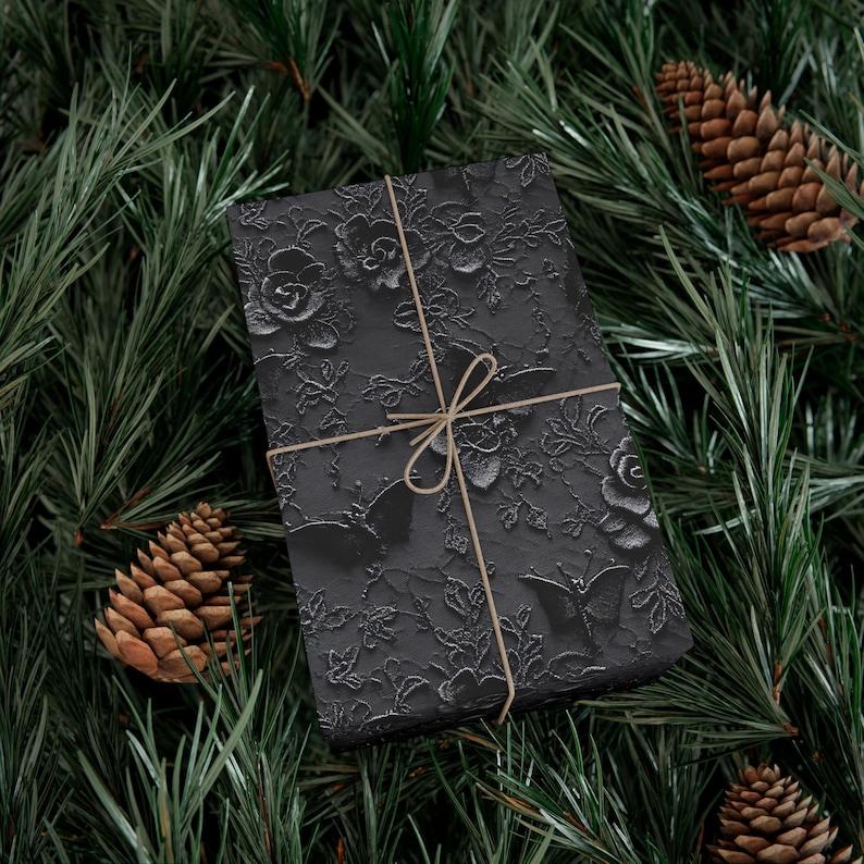 Black Floral Whimsigoth Gift Wrapping Paper, Gothic Luxury Gift Wrap, Elegant Dark Romantic Present Wrap image 7