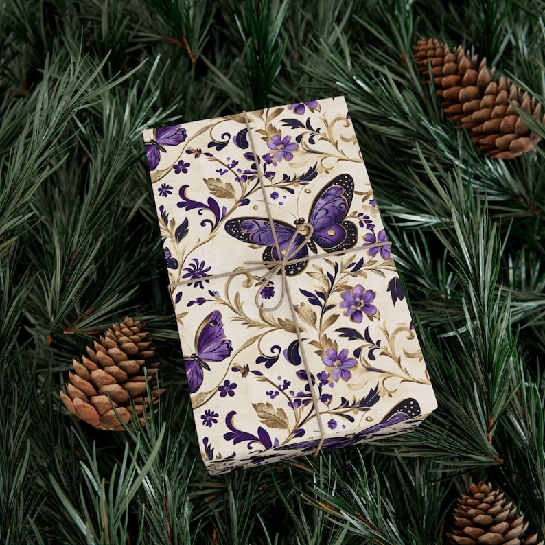 Purple Butterfly Gift Wrapping Paper Romantic Floral Gift Wrap, Vintage Butterfly Wrapping Paper, Feminine Cottagecore Packaging image 10