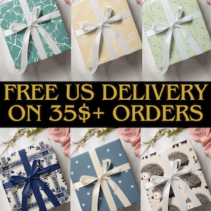May include: Six wrapped gifts with white ribbon bows. The wrapping paper features various patterns, including branches, leaves, stars, and hedgehogs. The color palette includes teal, yellow, light green, blue, and cream.