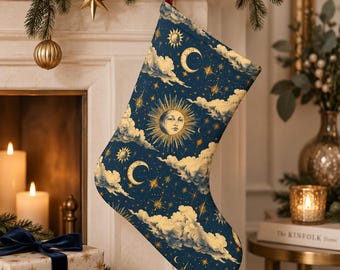 Whimsical Blue Celestial Christmas Stocking, Vintage Sun Moon Stars, Mystical Holiday Decor