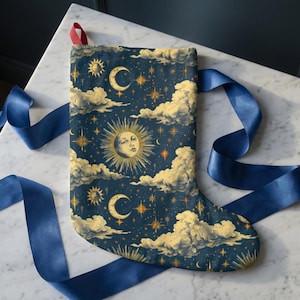 Christmas Stocking in Vintage Celestial Motif With Clouds, Stars, Moons and Suns
