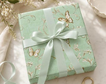 Mint Green Butterfly Gift Wrapping Paper, Vintage Botanical Gift Wrap, Elegant Dainty Floral Present Wrap
