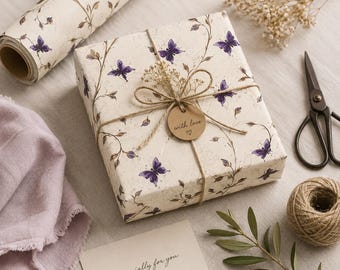 Purple Butterfly Gift Wrapping Paper, Vintage Botanical Gift Wrap, Elegant Floral Wrapping Paper, Nature Gift Wrap, Matte or Satin