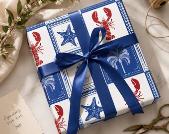 Coastal Lobster Wrapping Paper, Nautical Gift Wrap Roll, Blue White Beach House Gift Wrap, Maritime Wrapping Paper, Ocean Theme Gift Wrap