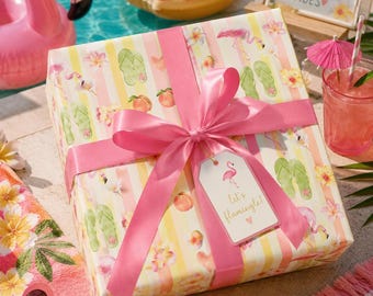 Flamingo Pool Party Gift Wrap, Tropical Wrapping Paper, Summer Birthday