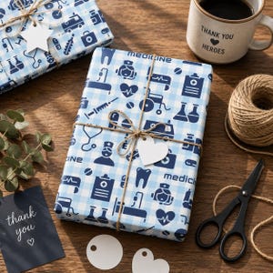 Medical Gift Wrapping Paper, Nurse & Doctor Gift Wrap, Healthcare Themed Wrapping Paper, Blue Medicine Pattern Gift Wrap