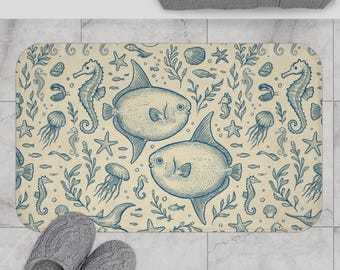Ocean Themed Bath Mat - Mola Mola Sunfish: Coastal Beige and Blue Marine Animals, Ocean Life Nautical