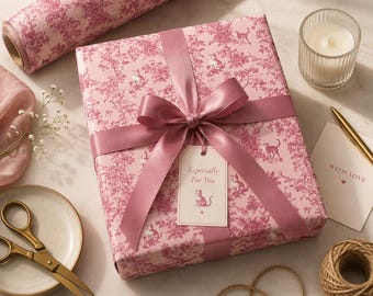 Pink Toile de Jouy Gift Wrapping Paper With Cats in Classy Romantic French Pattern