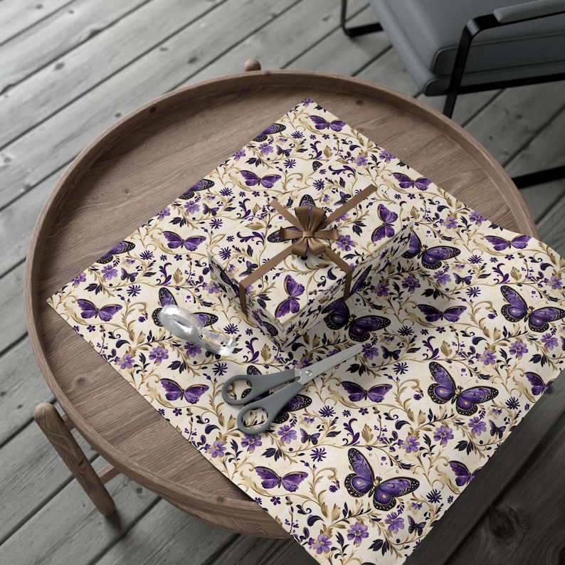 Purple Butterfly Gift Wrapping Paper Romantic Floral Gift Wrap, Vintage Butterfly Wrapping Paper, Feminine Cottagecore Packaging image 7
