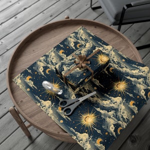 Whimsical Celestial Gift Wrapping Paper, Retro Sun Moon & Clouds Gift Wrap image 6