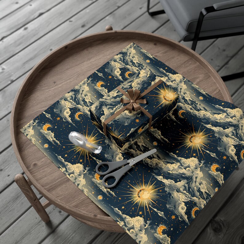 Whimsical Celestial Gift Wrapping Paper, Retro Sun Moon & Clouds Gift Wrap image 6