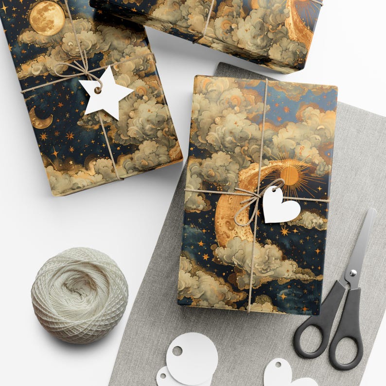 Himmelskt presentpapper med månmoln, stjärnor, sol, vintage månpresentinslagning, Dark Academia natthimlen dekor bild 10