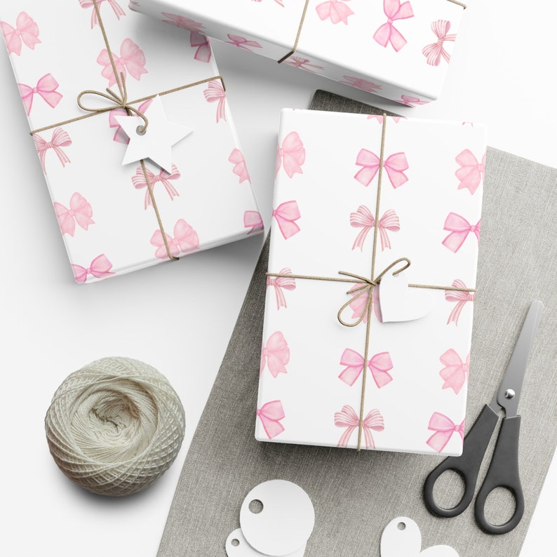Coquette Wrapping Paper, Pastel Pink Bows, Feminine Gift Wrap, Baby Shower Present Paper image 2