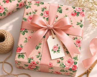 Pink Rose Gift Wrap Paper, Vintage Floral Wrapping Paper, Cottagecore Gift Wrap, Romantic Shabby Chic Gift Wrap, Feminine Birthday Wrap
