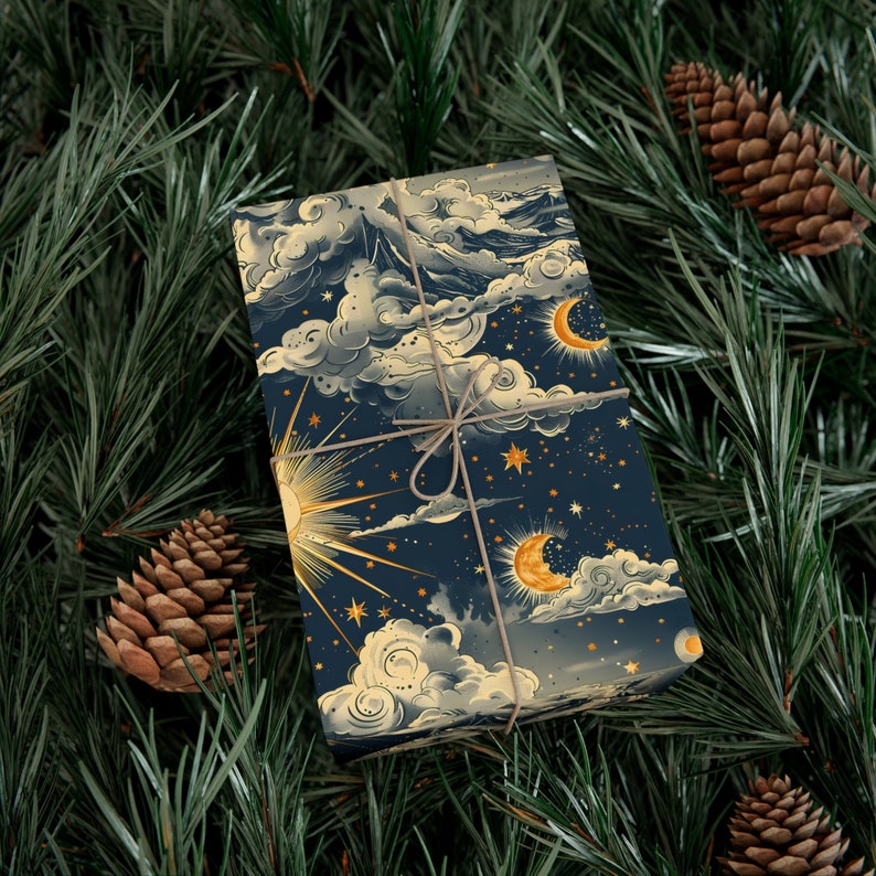 Whimsical Celestial Gift Wrapping Paper, Retro Sun Moon & Clouds Gift Wrap image 7