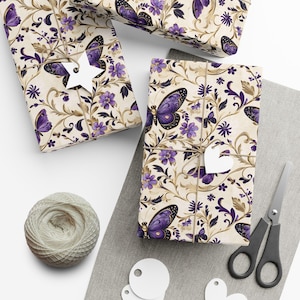 Purple Butterfly Gift Wrapping Paper Romantic Floral Gift Wrap, Vintage Butterfly Wrapping Paper, Feminine Cottagecore Packaging image 6