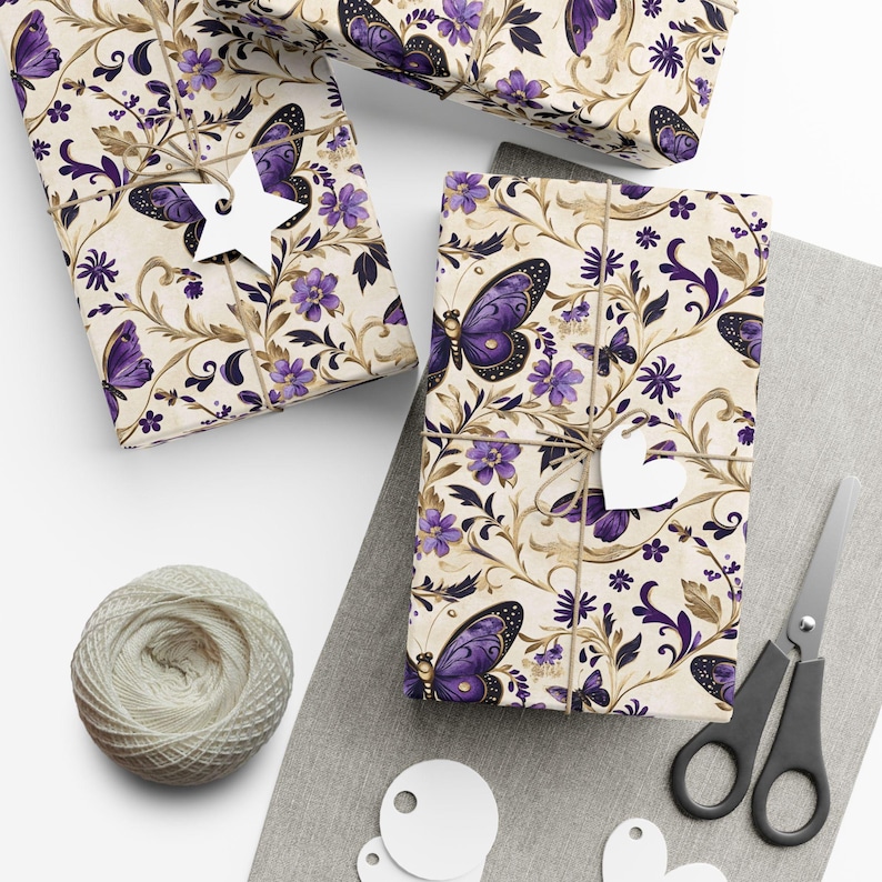 Purple Butterfly Gift Wrapping Paper Romantic Floral Gift Wrap, Vintage Butterfly Wrapping Paper, Feminine Cottagecore Packaging image 6