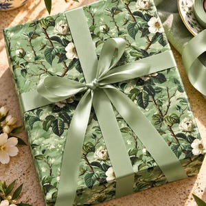 May include: A rectangular gift box wrapped in sage green paper featuring a detailed botanical print of white flowers and dark green leaves. The package is tied with a smooth, matching sage green satin ribbon tied in a centered bow.