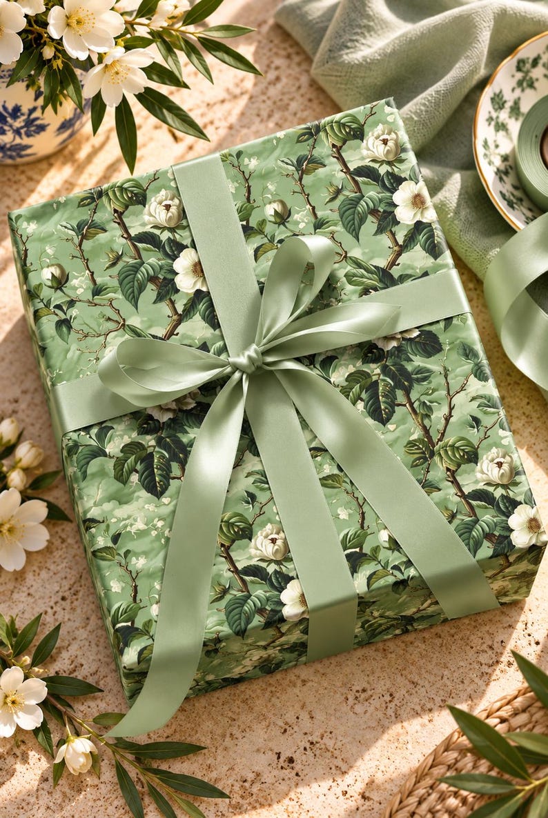 May include: A rectangular gift box wrapped in sage green paper featuring a detailed botanical print of white flowers and dark green leaves. The package is tied with a smooth, matching sage green satin ribbon tied in a centered bow.