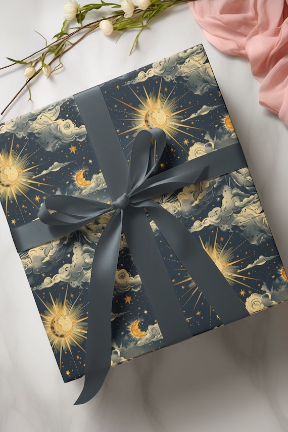 Whimsical Celestial Gift Wrapping Paper, Retro Sun Moon & Clouds Gift Wrap