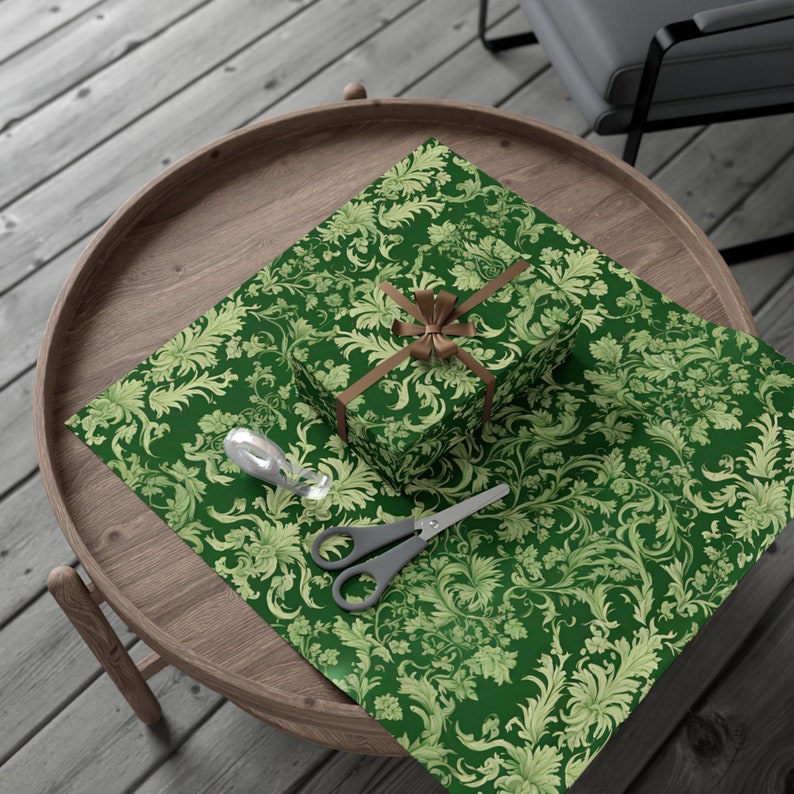 Antique Green Damask Gift Wrapping Paper | Old World Luxury Gift Wrap, Victorian Inspired Dark Academia Present Decoration image 9