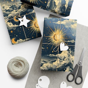 Whimsical Celestial Gift Wrapping Paper, Retro Sun Moon & Clouds Gift Wrap image 4