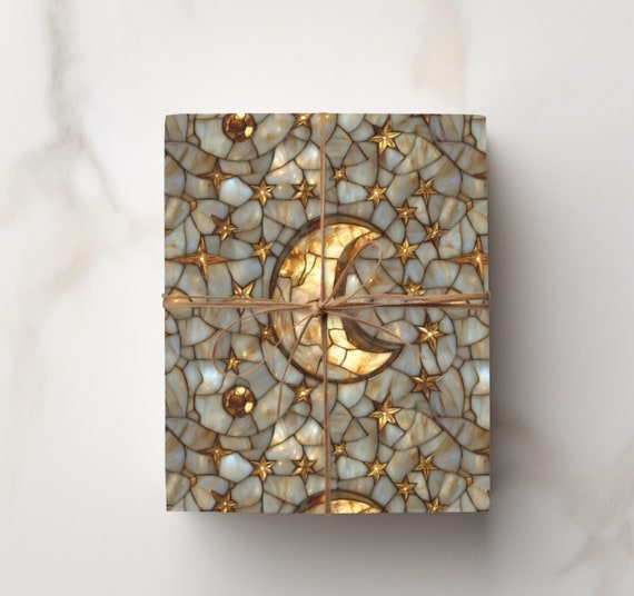 Celestial Moon & Stars Wrapping Paper | Stained Glass Motif Gift Wrap
