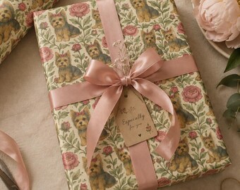 Yorkie Gift Wrapping Paper, Whimsical Yorkshire Terrier Floral Gift Wrap