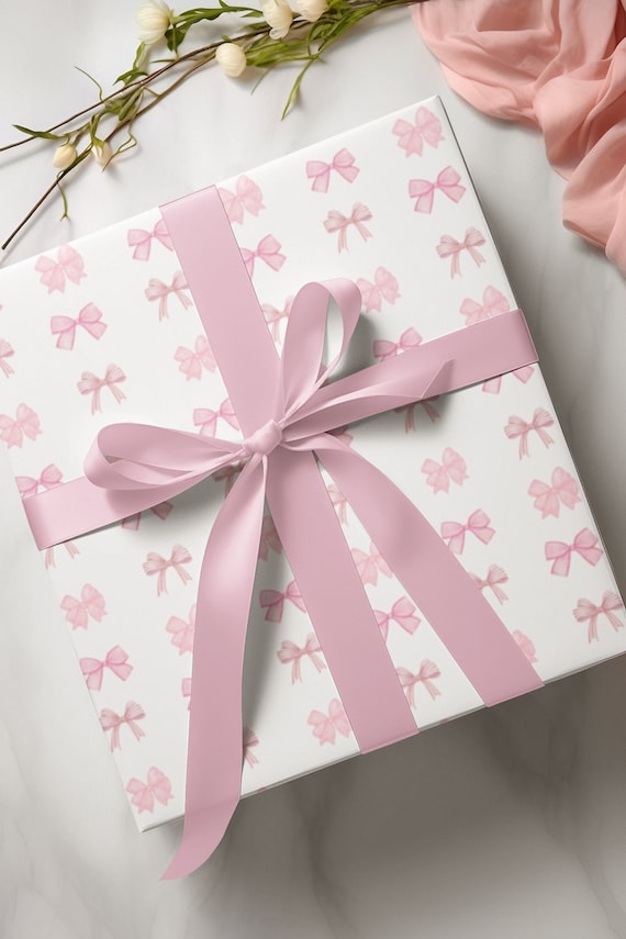 Coquette Wrapping Paper, Pastel Pink Bows, Feminine Gift Wrap, Baby Shower Present Paper