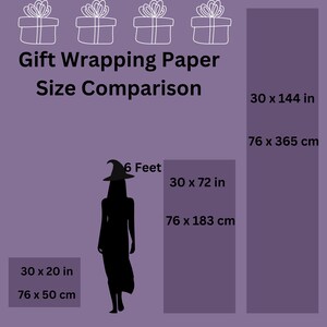 Peut inclure: Un graphique violet comparant les tailles de papier cadeau. L'image montre trois tailles de papier rectangulaires : 76 x 50 cm, 76 x 183 cm et 76 x 365 cm. Le texte indique "Comparaison des tailles de papier cadeau."