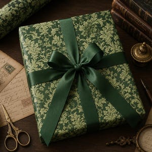 Antique Green Gift Wrapping Paper in Old Century Style - Vintage Victorian Ornate Damask Pattern, Vintage Green Damask Gift Wrapping Paper, Old World Luxury Gift Wrap, Victorian Inspired Wrapping Paper, Elegant Baroque Gift Wrap