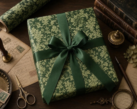 Antique Green Damask Gift Wrapping Paper | Old World Luxury Gift Wrap, Victorian Inspired Dark Academia Present Decoration