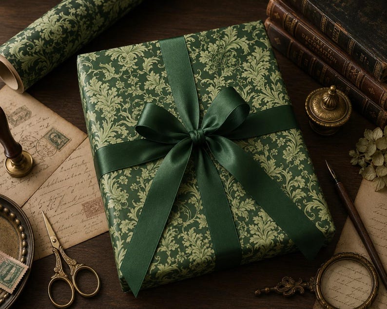 Antique Green Gift Wrapping Paper in Old Century Style - Vintage Victorian Ornate Damask Pattern, Vintage Green Damask Gift Wrapping Paper, Old World Luxury Gift Wrap, Victorian Inspired Wrapping Paper, Elegant Baroque Gift Wrap