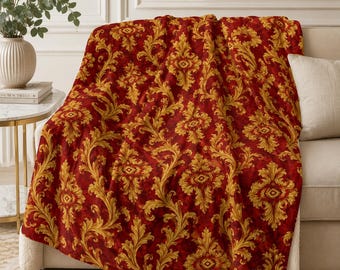 Baroque Sherpa Fleece Blanket, Royal Red Gold Damask Throw, Victorian Rococo Blanket, Luxury Gothic Home Decor, Cozy Gift