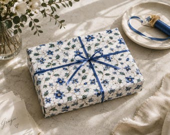 Blue Floral Present Wrapping Paper, Classic Marble Motif Gift Wrap, Elegant Wedding Stationery