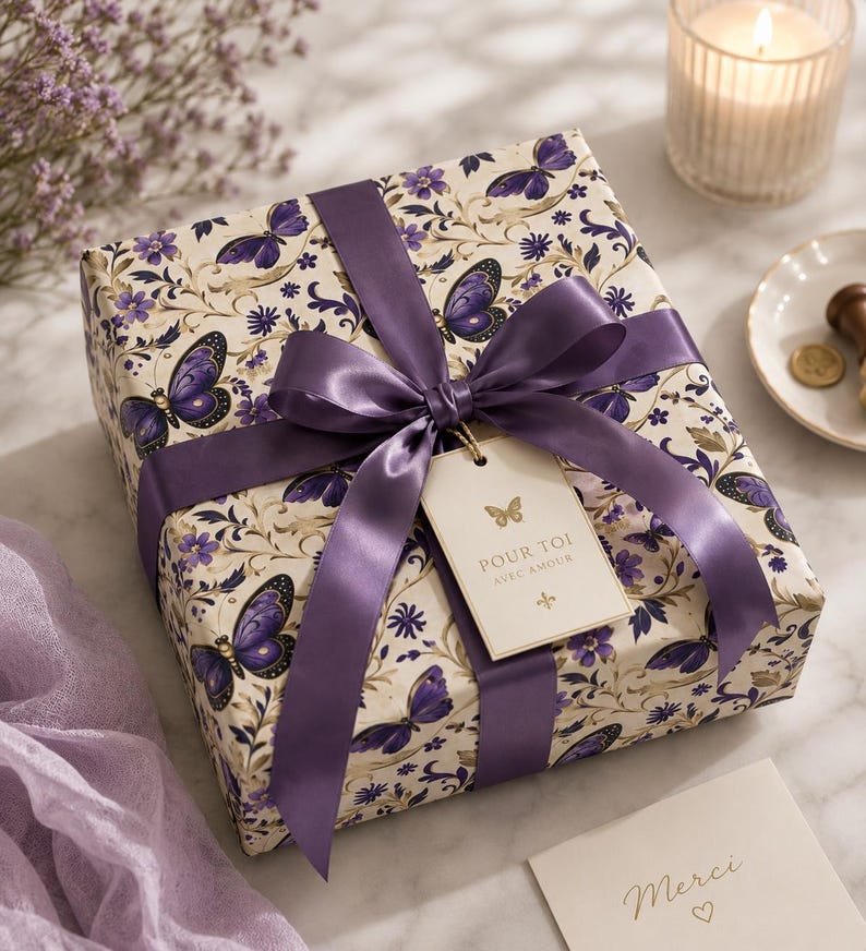 May include: A wrapped gift box with a purple satin ribbon and a tag that reads "Pour Toi Avec Amour." The gift wrap features a cream background with purple butterflies and floral patterns. A lit candle and a small plate are in the background.