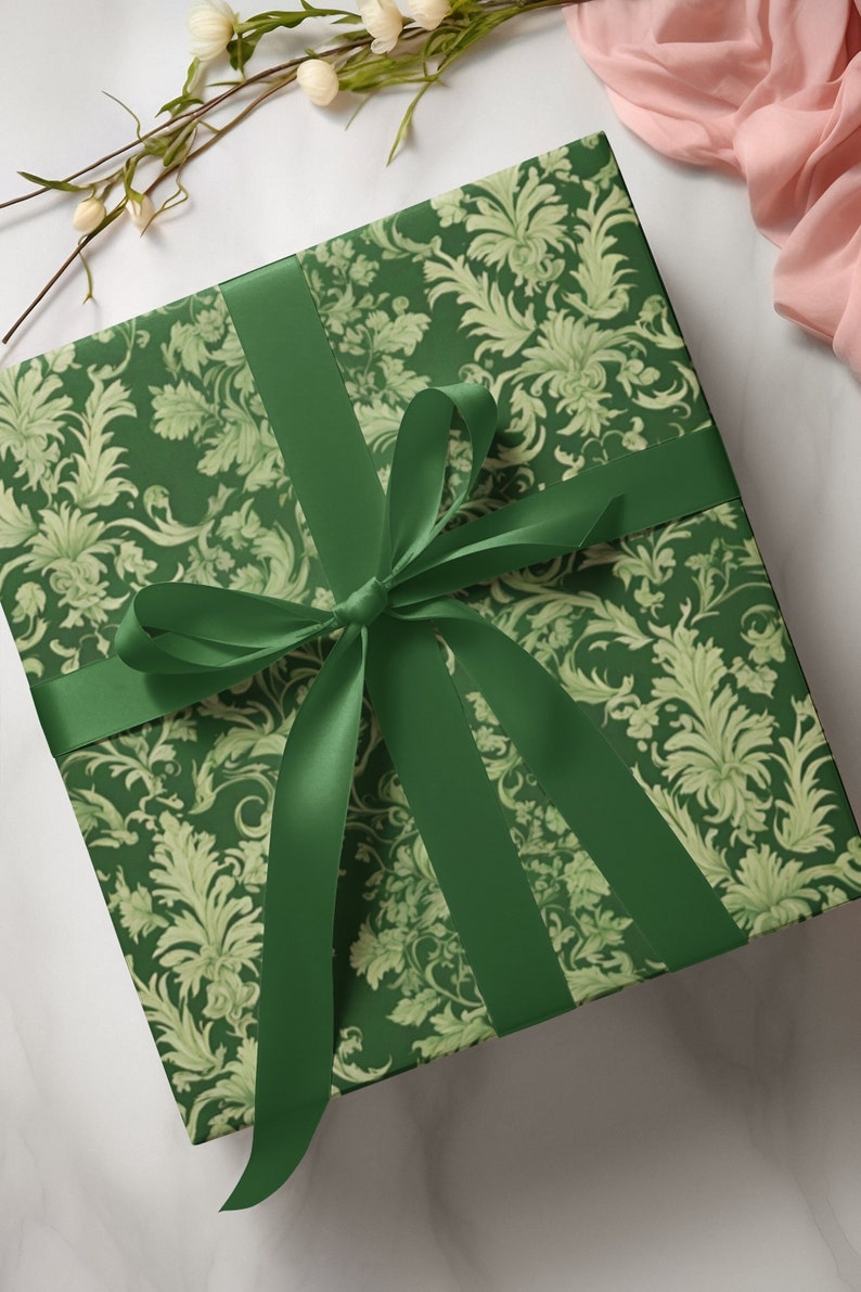 green gift wrapping paper, floral green gift wrap, vintage victorian ornate pattern