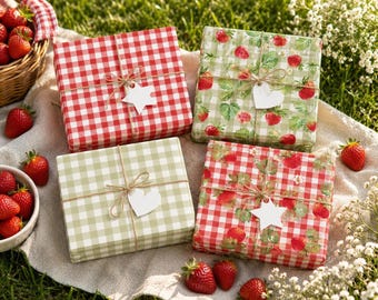 Strawberry Picnic Gift Wrap | Green & Red Gingham Wrapping Paper | Cottagecore Gift Wrap | Summer Birthday Wrapping Paper | Fruit Gift Wrap