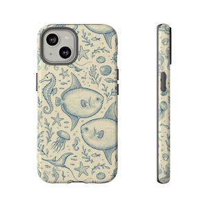 May include: A phone case with a marine life design. The case features a cream-colored background with blue illustrations of fish, seahorses, starfish, and other sea creatures. The side of the case also has a matching design.