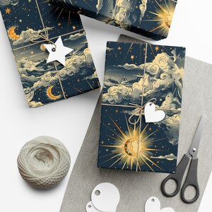 Whimsical Celestial Gift Wrapping Paper, Retro Sun Moon & Clouds Gift Wrap image 3