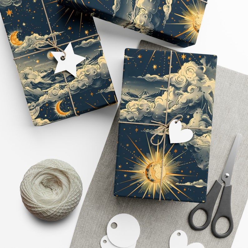 Whimsical Celestial Gift Wrapping Paper, Retro Sun Moon & Clouds Gift Wrap image 3