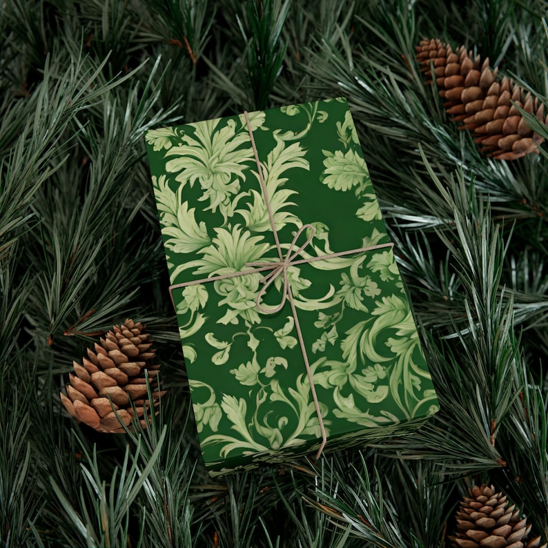 Antique Green Damask Gift Wrapping Paper | Old World Luxury Gift Wrap, Victorian Inspired Dark Academia Present Decoration image 6